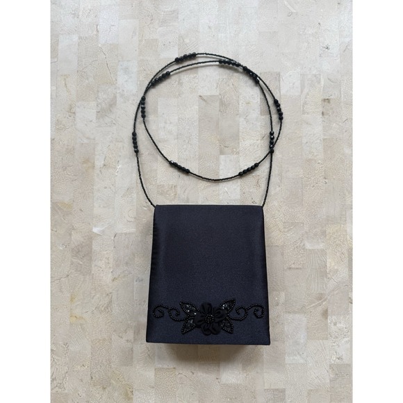 Jessica McClintock Handbags - Jessica McClintock VTG Womens Small Square Evening Bag Black Satin Floral Beaded